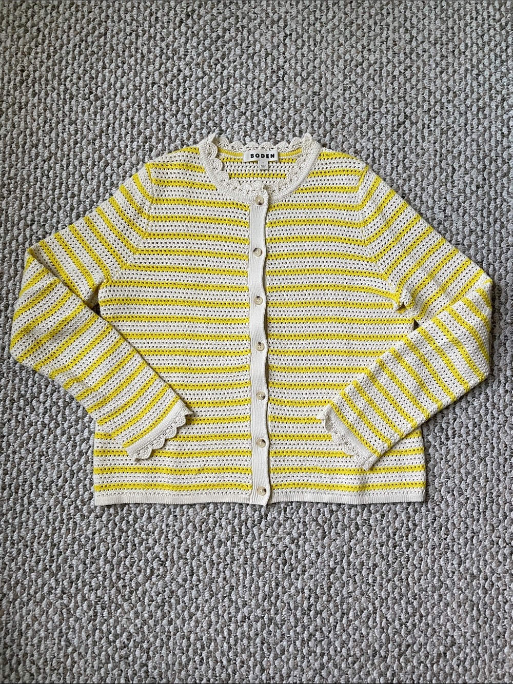 Boden Beige and Yellow Striped Crochet Button Cardigan with Scallop Detail